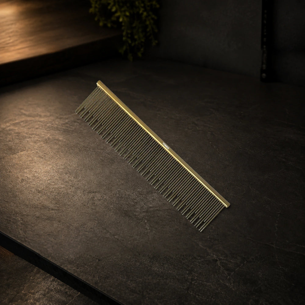 6.0" Brass Double Skip Pin Deshedding and Detangling Comb photographed on the VUNRO professional workbench