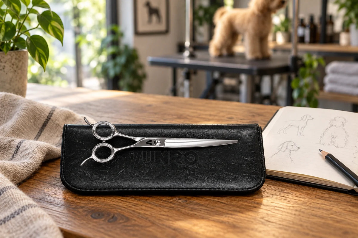 Closed VUNRO curved scissors resting flat on their protective case beside a grooming-plan sketchbook