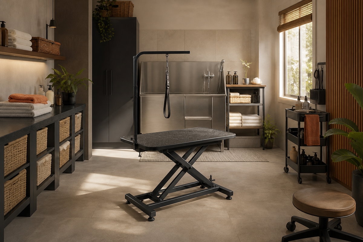 Editorial illustration of an organised grooming studio with a dog bath and non-slip table