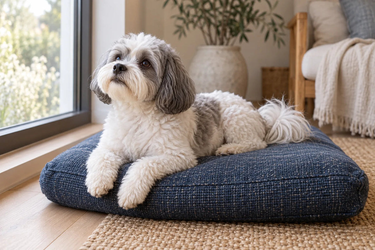 A white and grey Shih-Poo resting on an indigo cushion beside a window