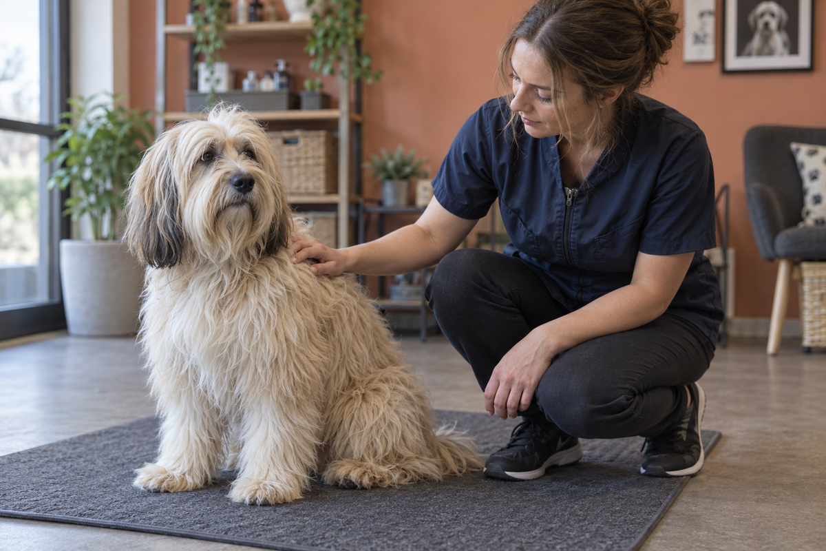 Groomer calmly assessing a long-coated dog's coat before grooming