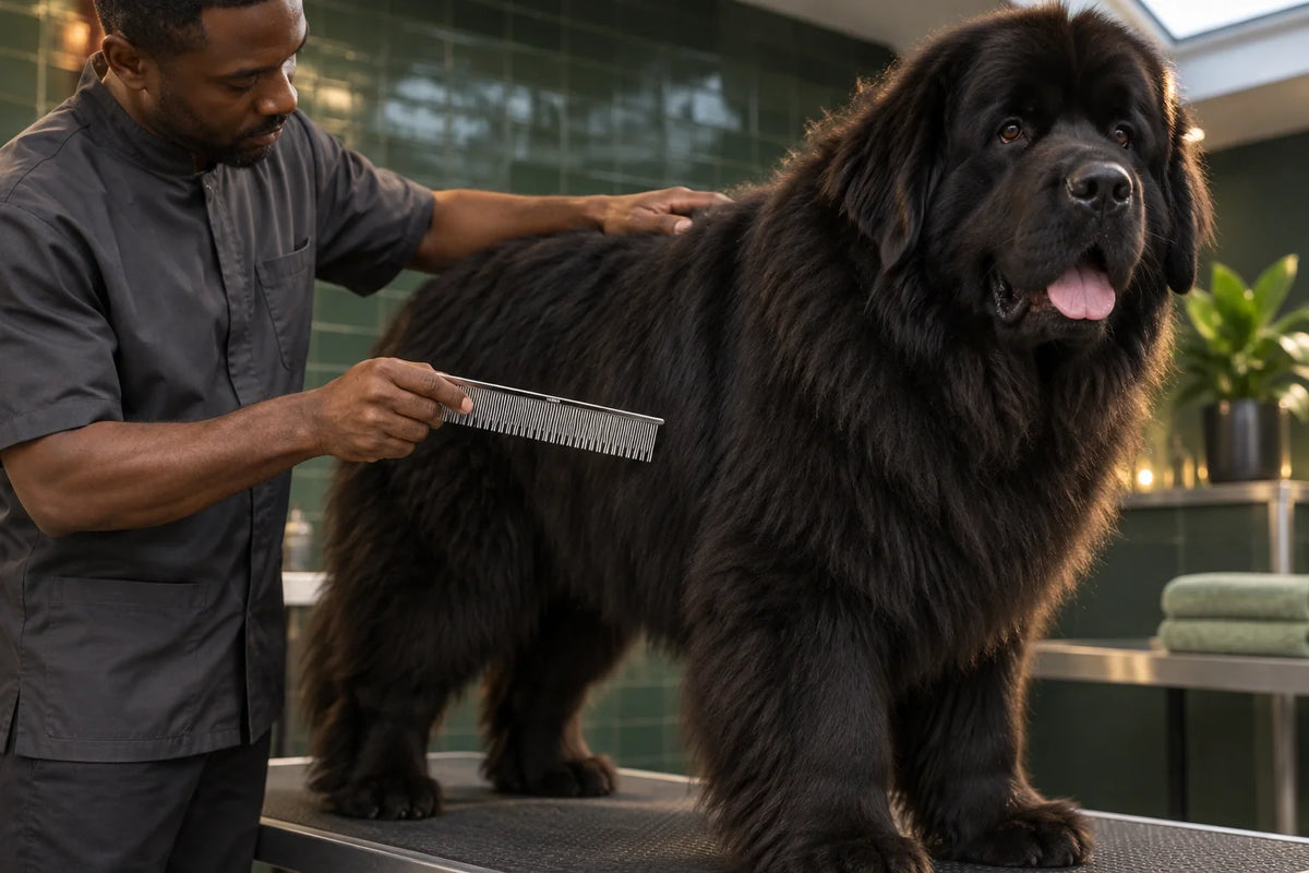 Groomer checking a Newfoundland coat with a VUNRO Double Skip Pin Comb