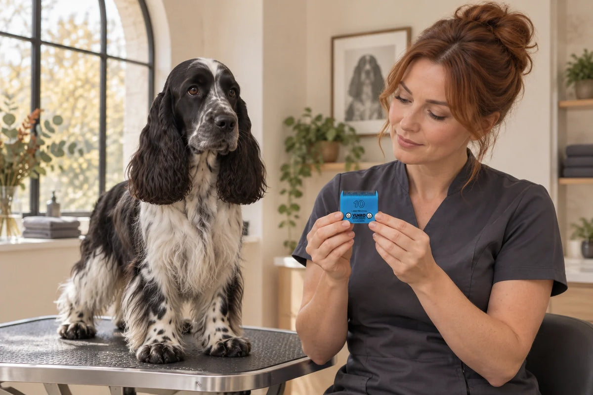 Groomer inspecting a VUNRO number 10 A5 blade beside a healthy cocker spaniel