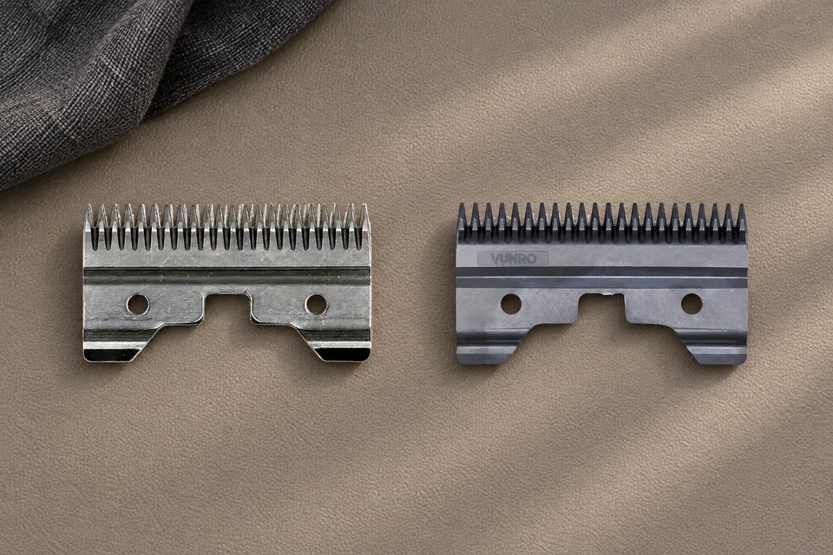 VUNRO steel and grey ceramic replacement cutters showing their original mechanical shapes on a maintenance mat