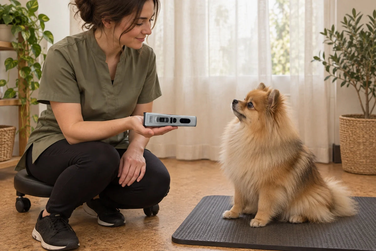 Groomer introducing a switched-off VUNRO PRO trimmer to a relaxed Pomeranian on a floor mat