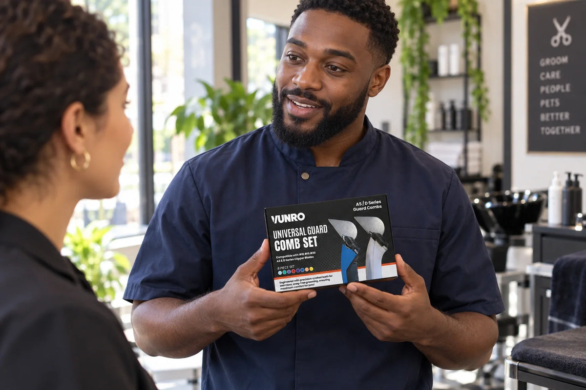 Groomer discussing the VUNRO Universal Guard Comb Set packaging with a colleague