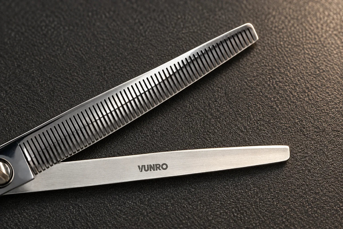 Macro detail of the toothed and plain cutting blades on VUNRO Precision Thinners