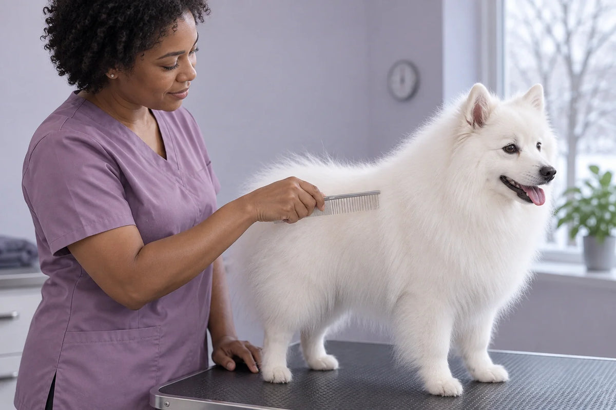 Groomer assessing a Japanese Spitz coat with a VUNRO Coarse and Fine Straight Comb
