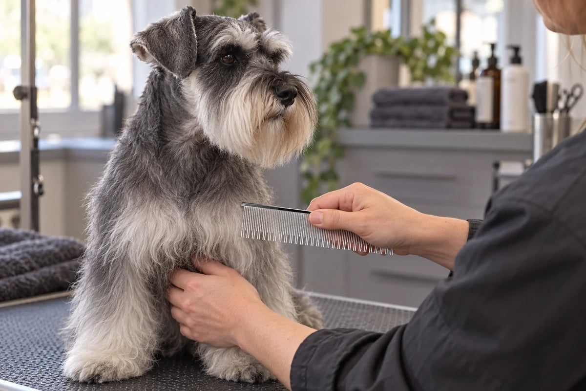 Groomer holding a VUNRO Double Skip Pin Comb securely beside a silver Schnauzer