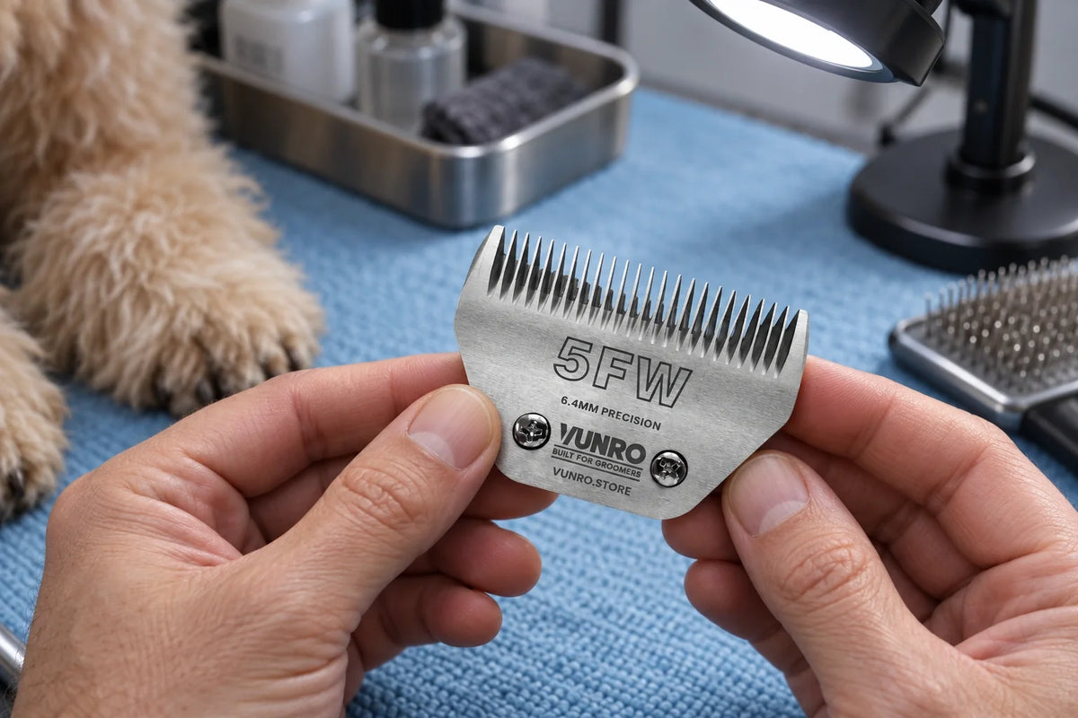 VUNRO wide 5FW steel blade held by its smooth body for inspection under a lamp