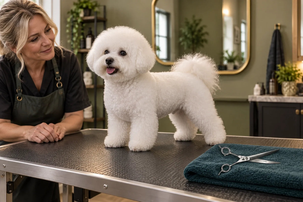 Groomer assessing a finished Bichon with VUNRO Curved Scissors resting nearby on a folded towel