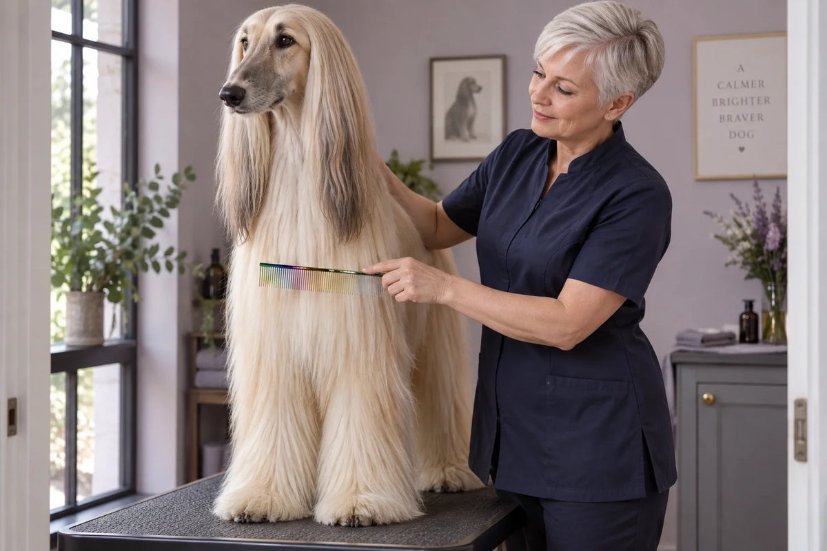Senior groomer holding a VUNRO Lux coarse and fine comb beside a cream Afghan hound