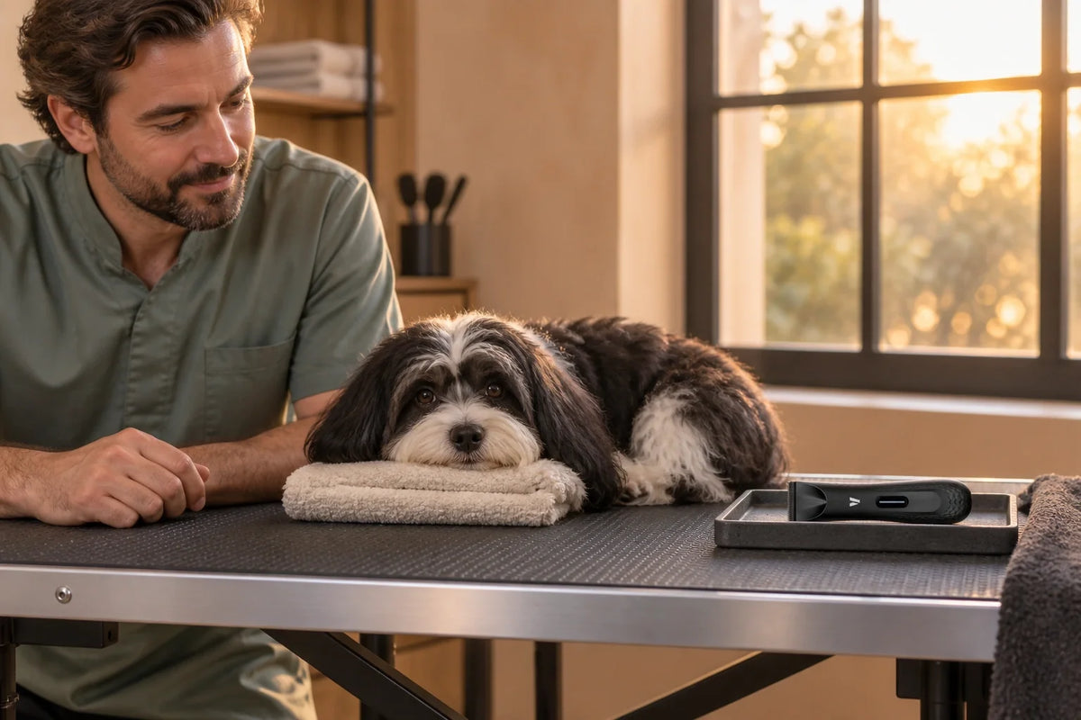 Havanese resting during a grooming pause with the VUNRO PawTrim PRO set aside on a supported tray
