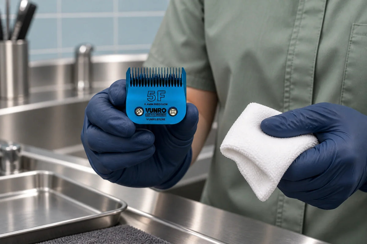 Gloved groomer inspecting a VUNRO 5F Blue Steel blade at a separated salon cleaning station