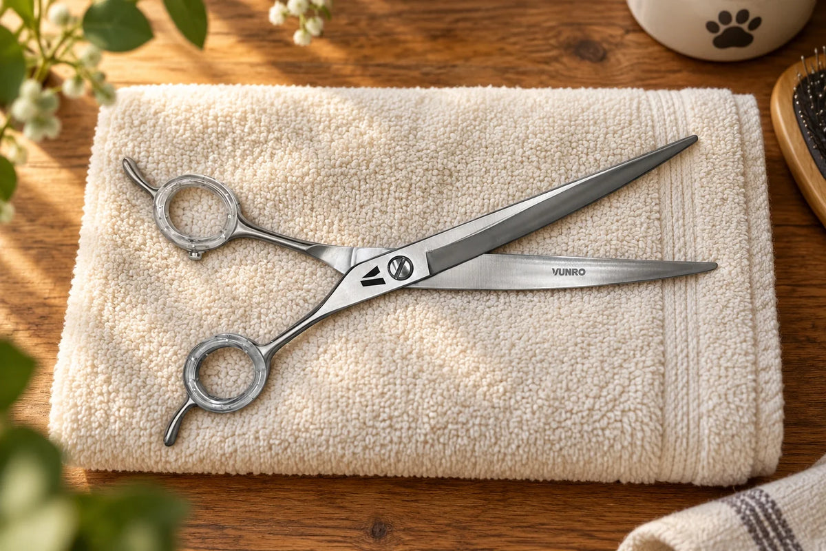 Curved VUNRO grooming scissors resting flat on a towel.