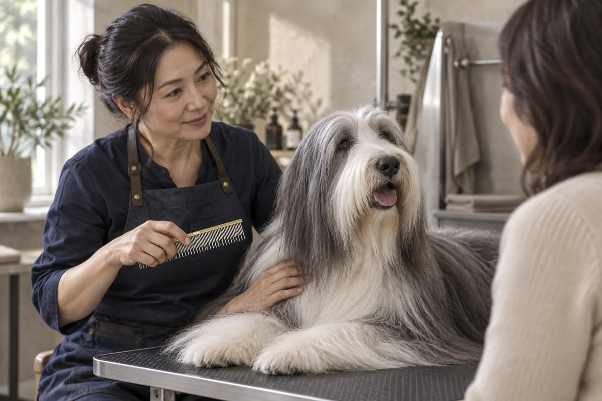 Groomer discussing a bearded collie coat with its owner while holding a VUNRO brass double skip pin comb