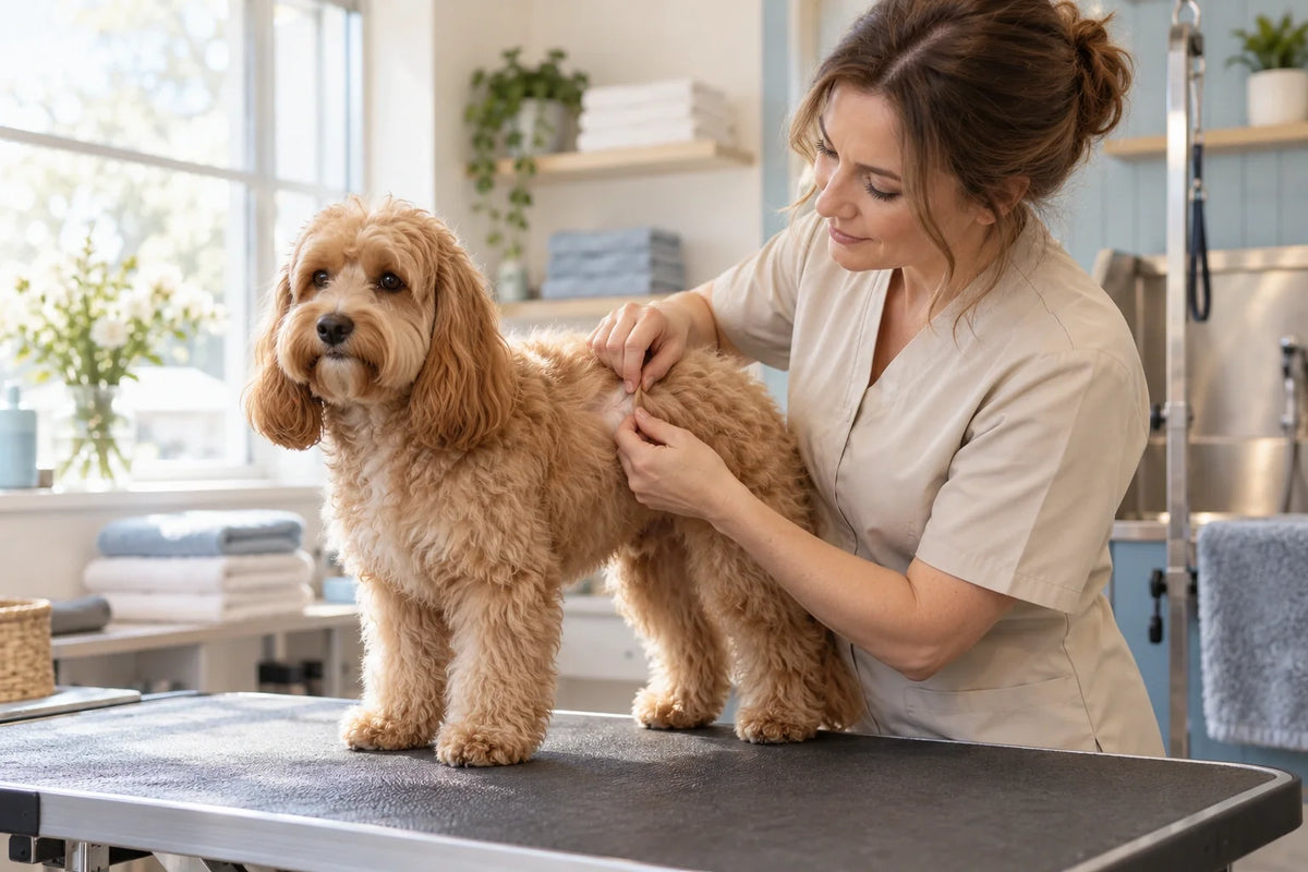 Groomer gently checking a small section of prepared Cockapoo coat in an airy salon, without cutting or active drying