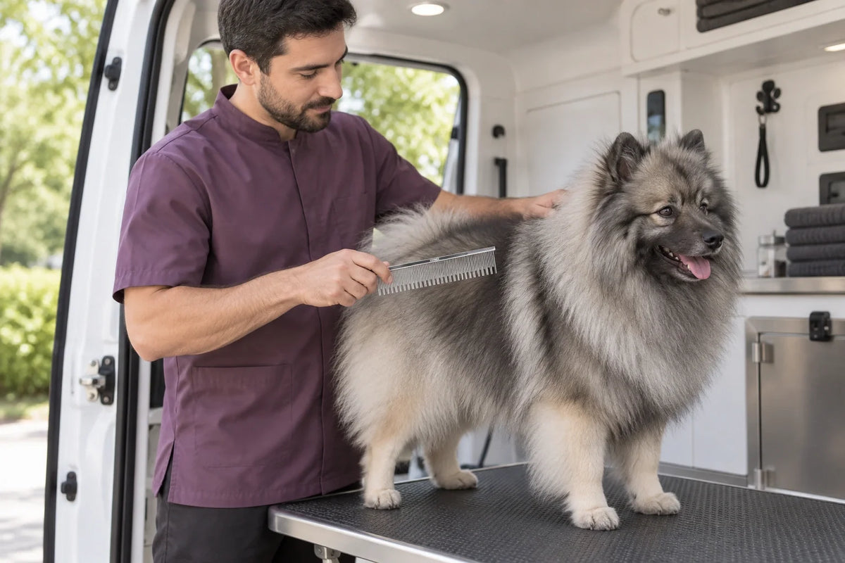 Mobile groomer checking a Keeshond coat with a VUNRO silver double skip pin comb