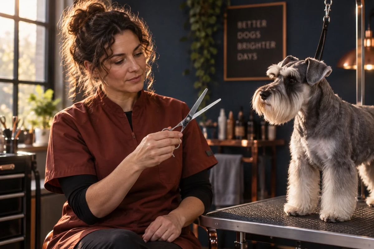 Professional groomer checking VUNRO precision thinners beside a silver miniature schnauzer