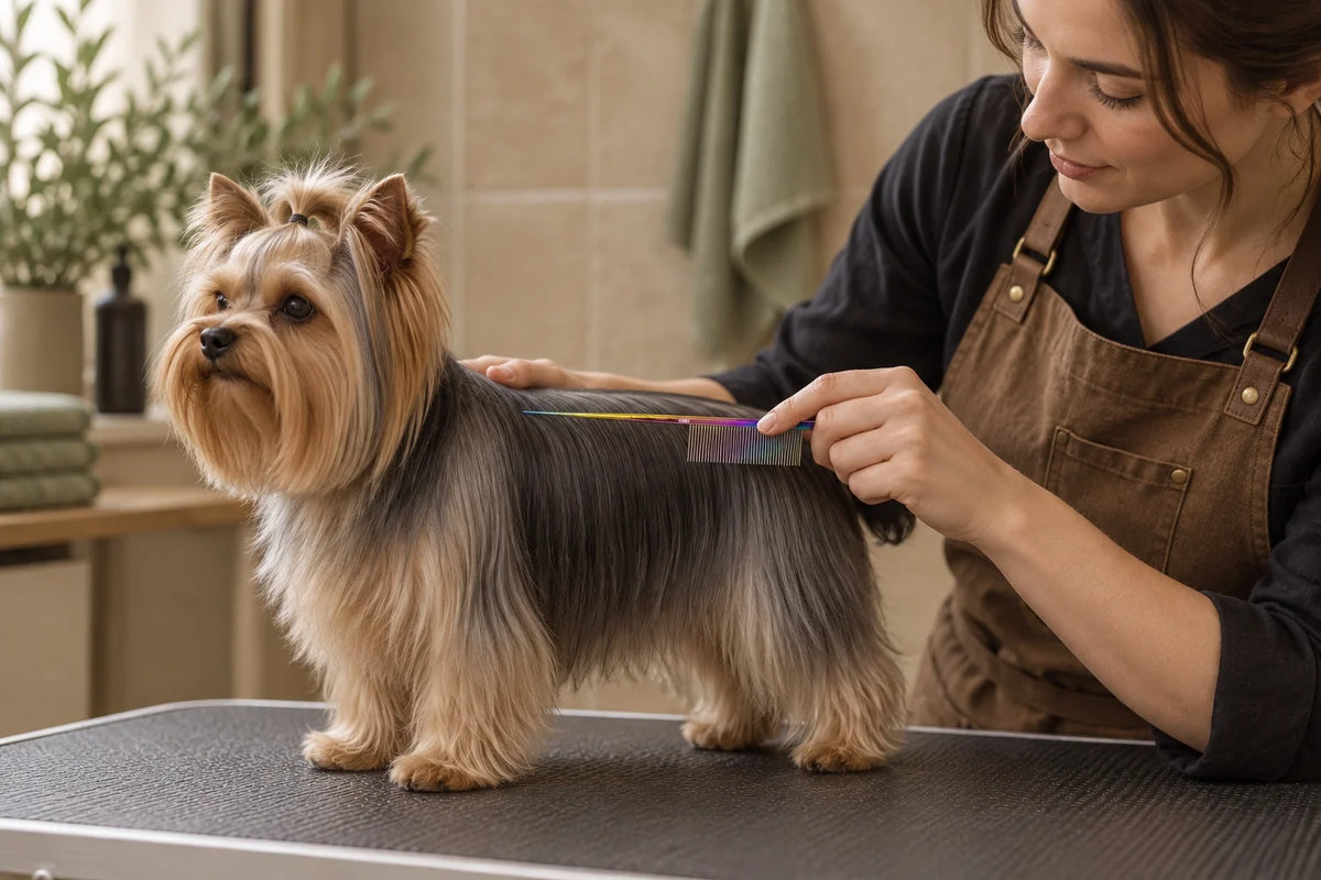 Groomer checking a Yorkshire terrier coat with a VUNRO Lux Pintail Comb