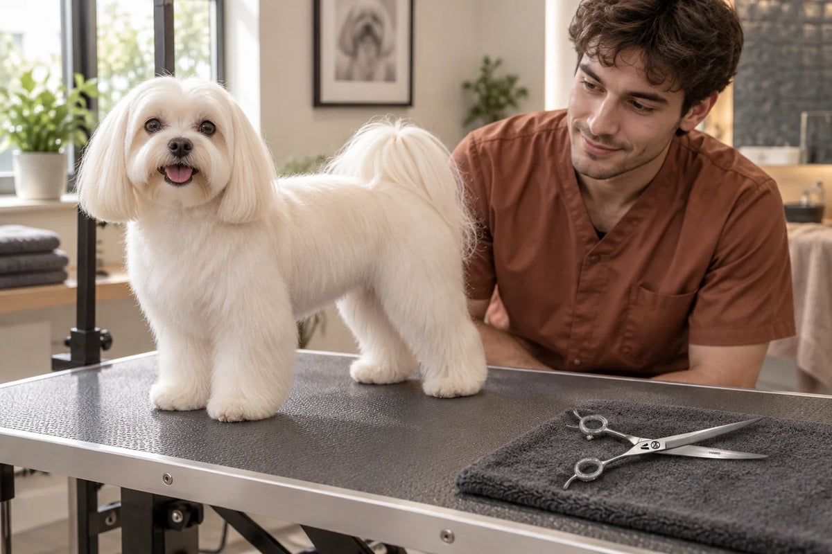 Groomer assessing the rounded feet of a Maltese with VUNRO Precision Curved Scissors resting securely nearby