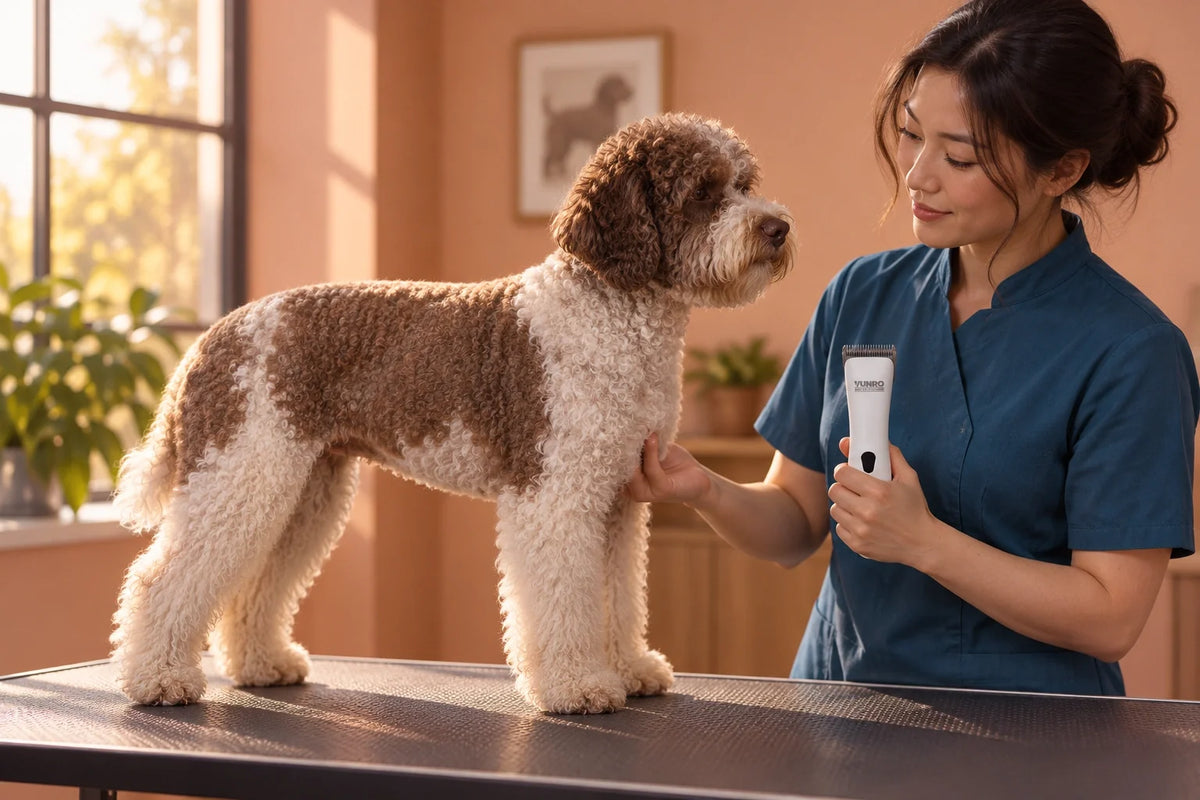 Groomer holding the VUNRO D-Series clipper beside a Lagotto with a clipped body and fuller leg furnishings