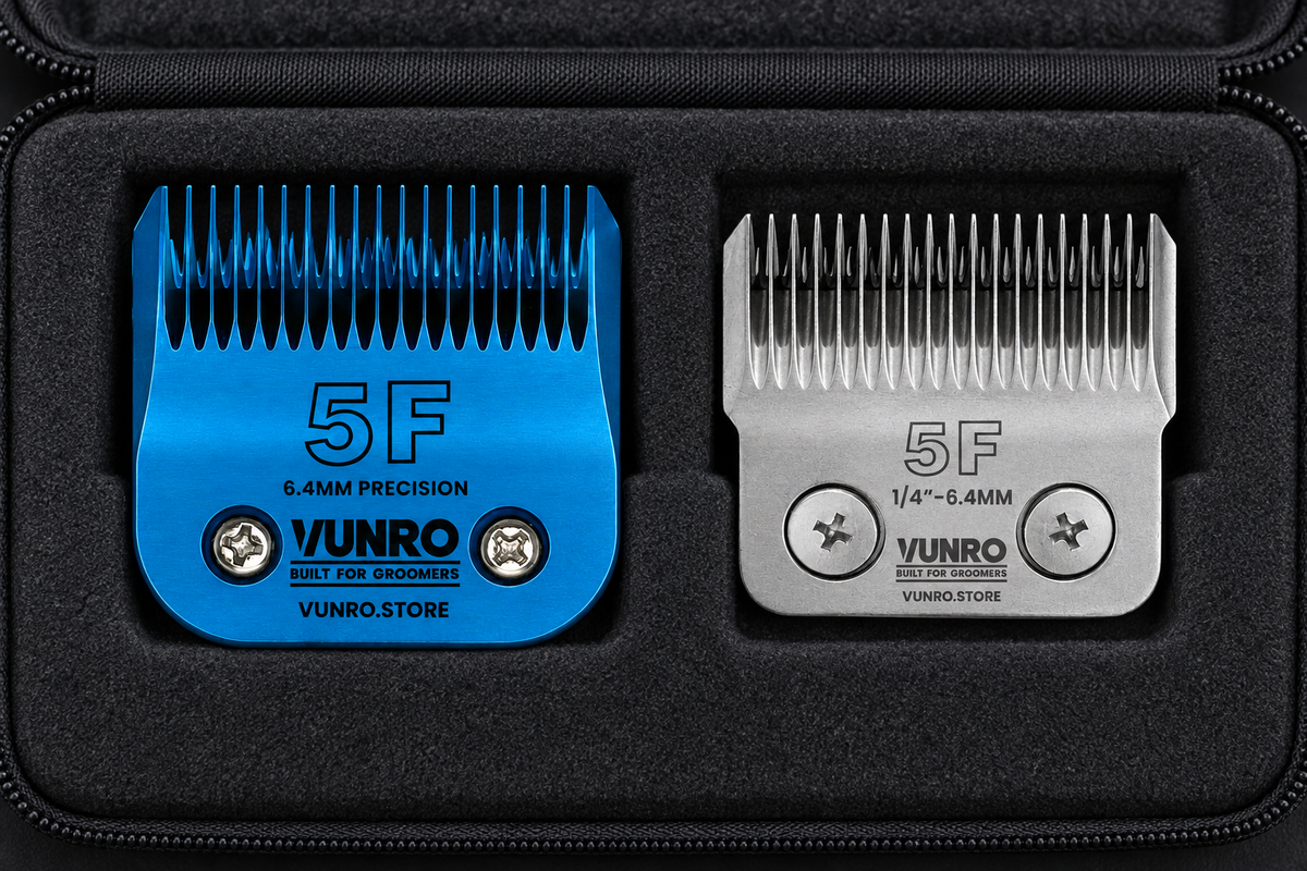 Close comparison of complete blue A5 5F and D-Series 5F blades