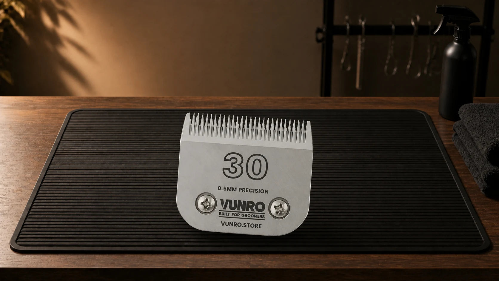 #30 Dog Clipper Blade (0.5 mm) resting naturally on the VUNRO grooming workbench