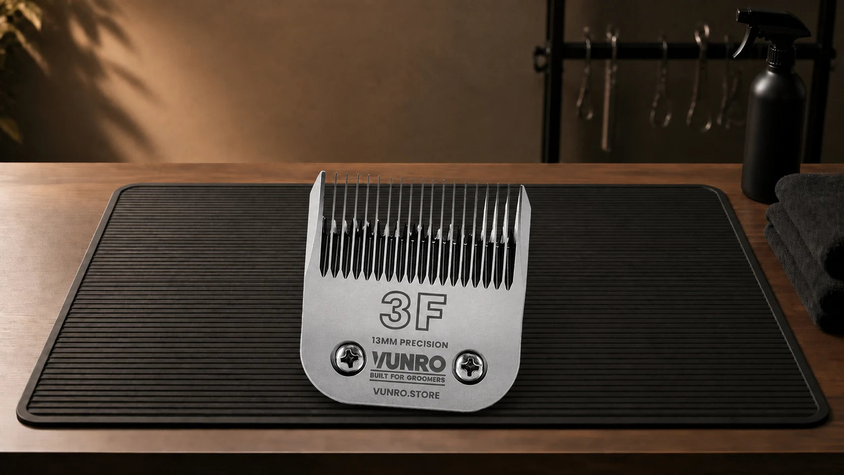 #3F Dog Clipper Blade (13 mm) resting naturally on the VUNRO grooming workbench