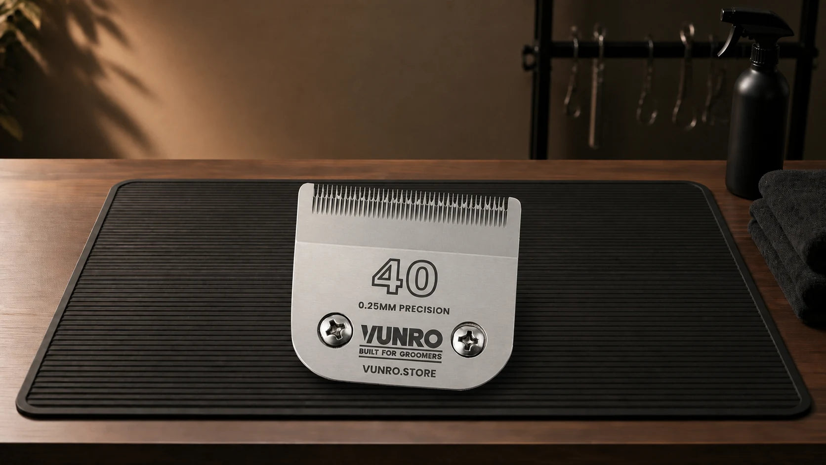 #40 Dog Clipper Blade (0.25 mm) resting naturally on the VUNRO grooming workbench