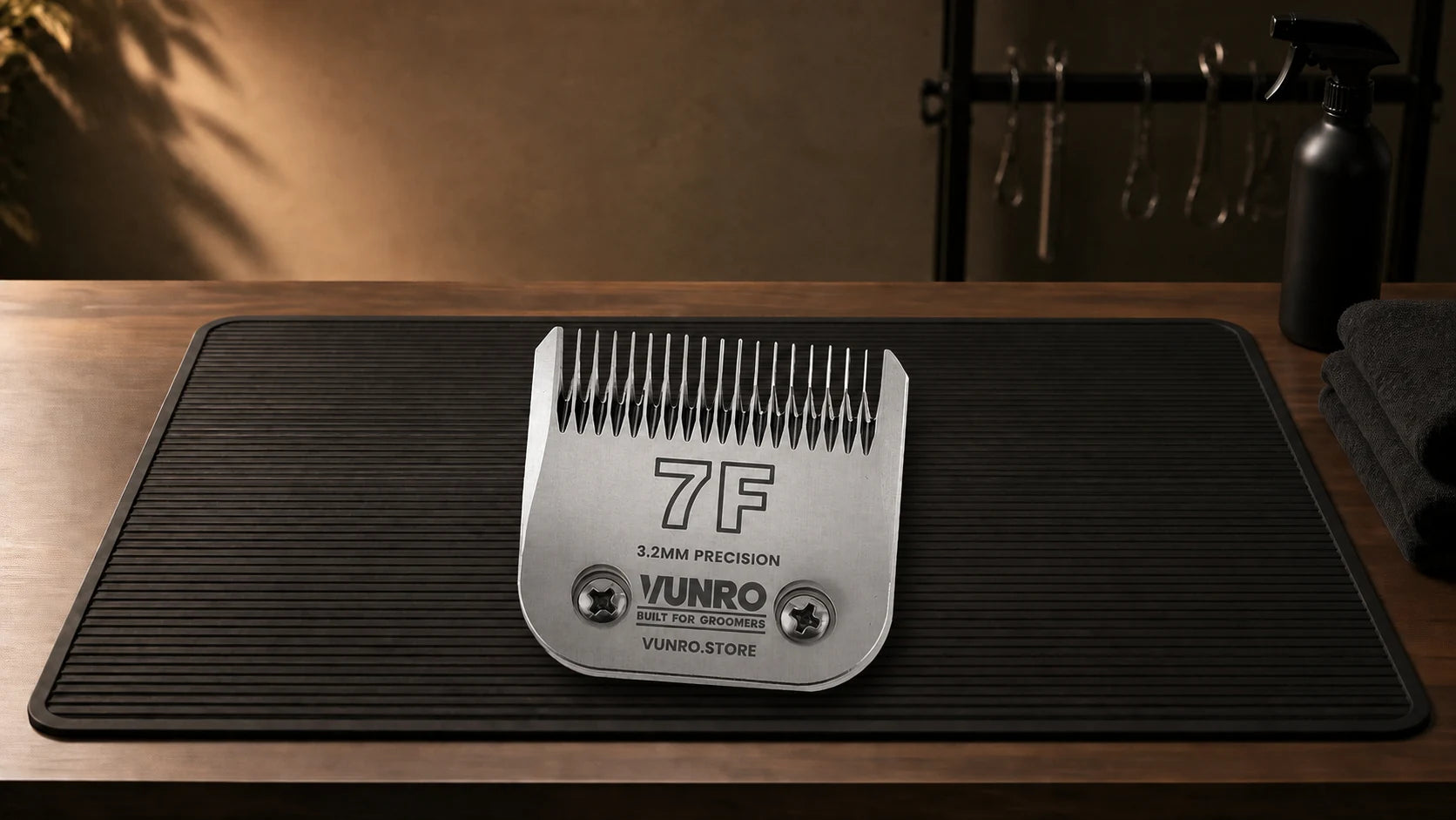 #7F Dog Clipper Blade (3.2 mm) resting naturally on the VUNRO grooming workbench