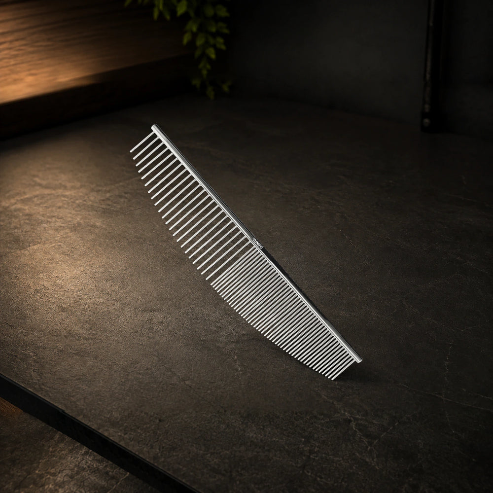 6.5" Coarse and Fine Crescent Shaped Finishing Comb photographed on the VUNRO professional workbench
