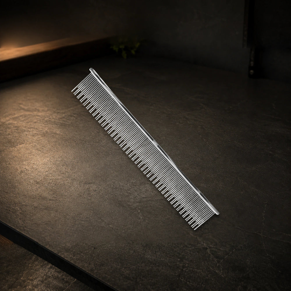 8.5" Double Skip Pin Deshedding and Detangling Comb photographed on the VUNRO professional workbench