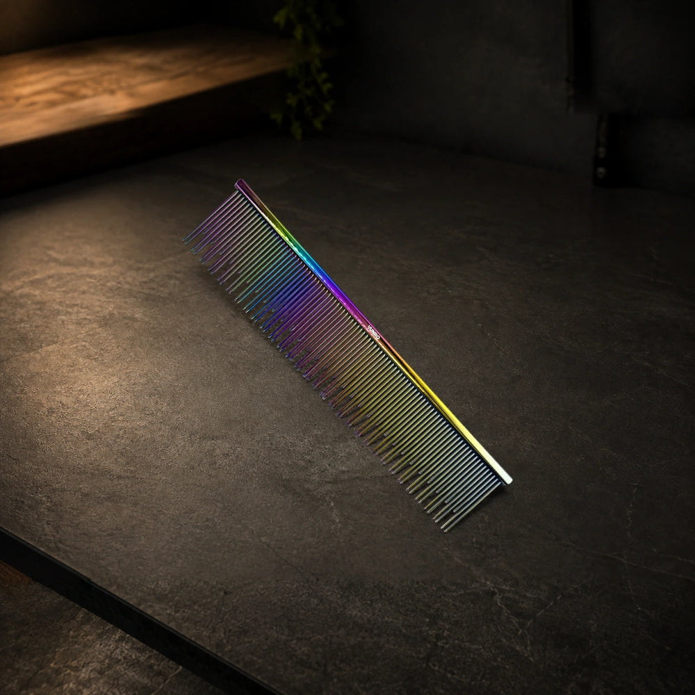 6.0" Lux Double Skip Pin Deshedding and Detangling Comb photographed on the VUNRO professional workbench