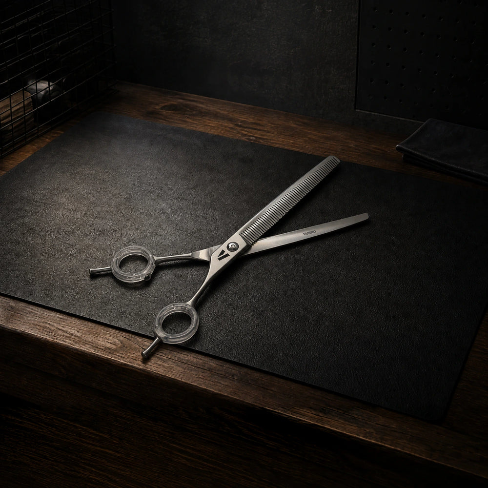 7.5" Precision Curved Thinners Dog Grooming Scissors (CR9) photographed on the VUNRO professional workbench