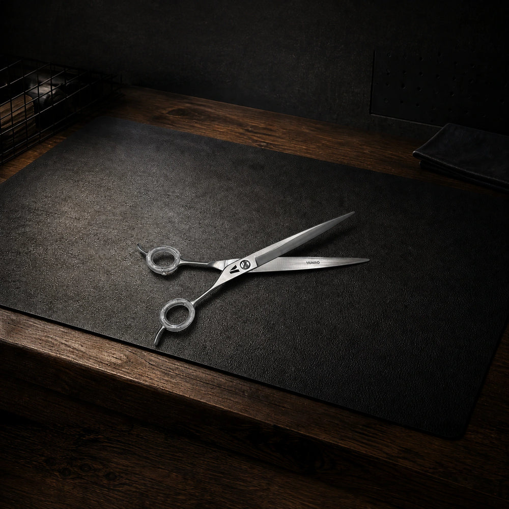 7.5" Precision Curved Dog Grooming Scissors (440C) photographed on the VUNRO professional workbench
